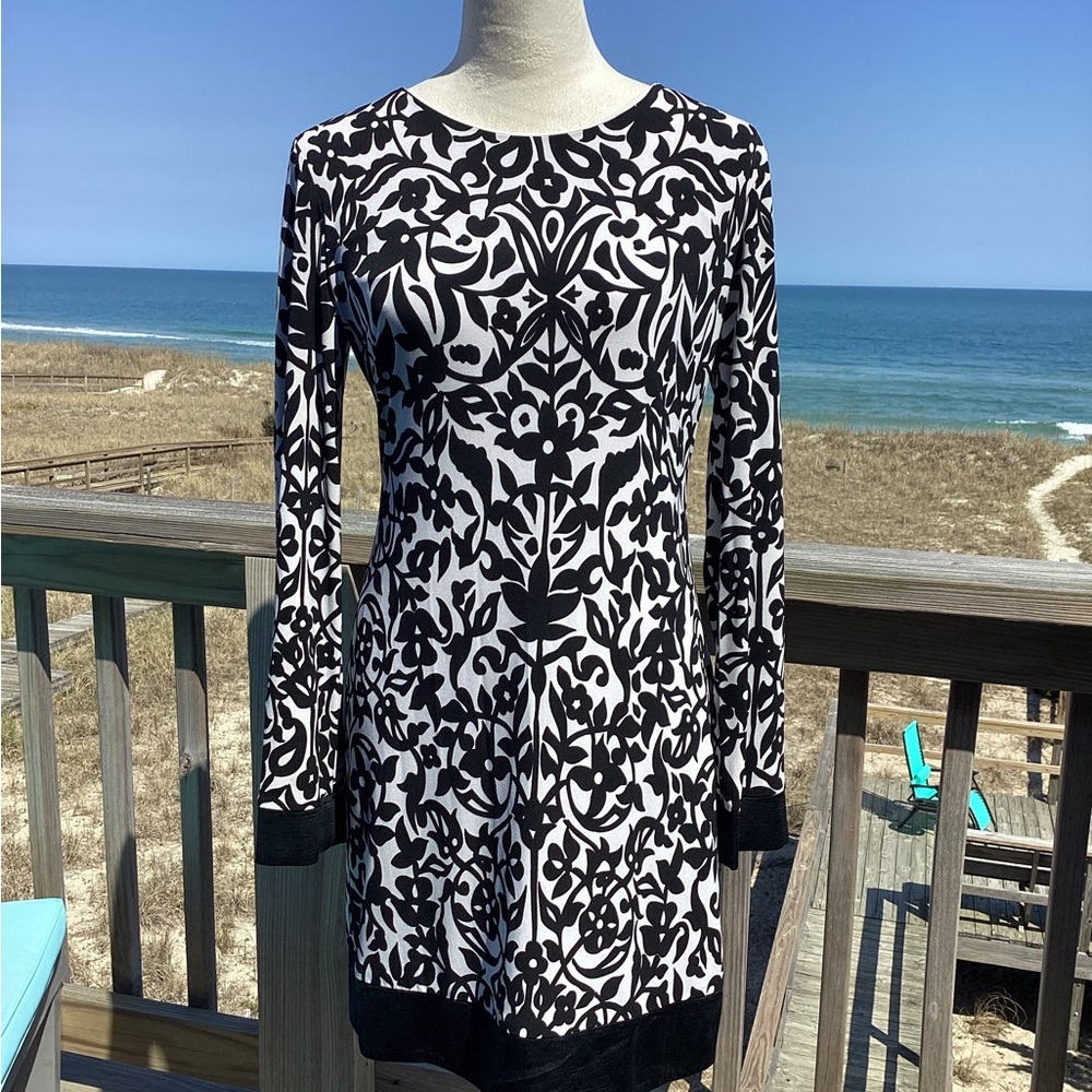 Cache Black and White Long Sleeve Dress